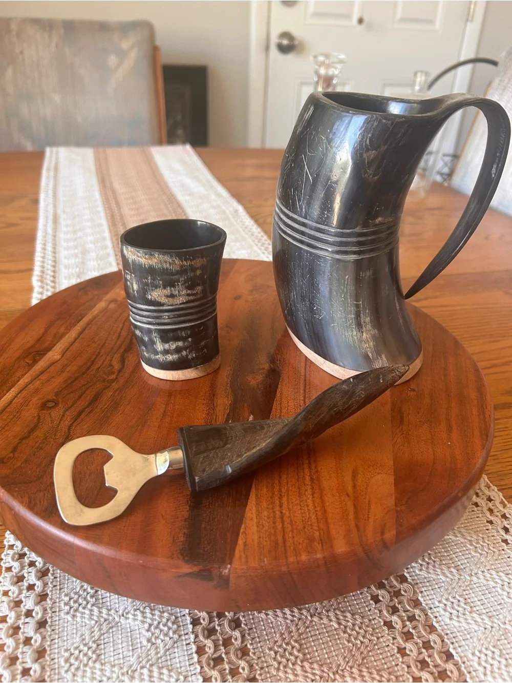 Elegant viking-style horn set with wooden base